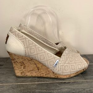 Toms Natural Woven Peep Toe Canvas Wedge Heels